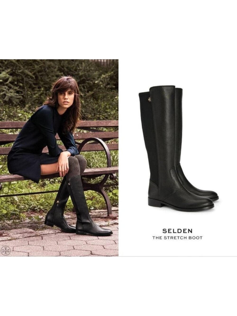 Tory Burch Christy Black Leather Stretch Knee High Riding Boots 6.5M